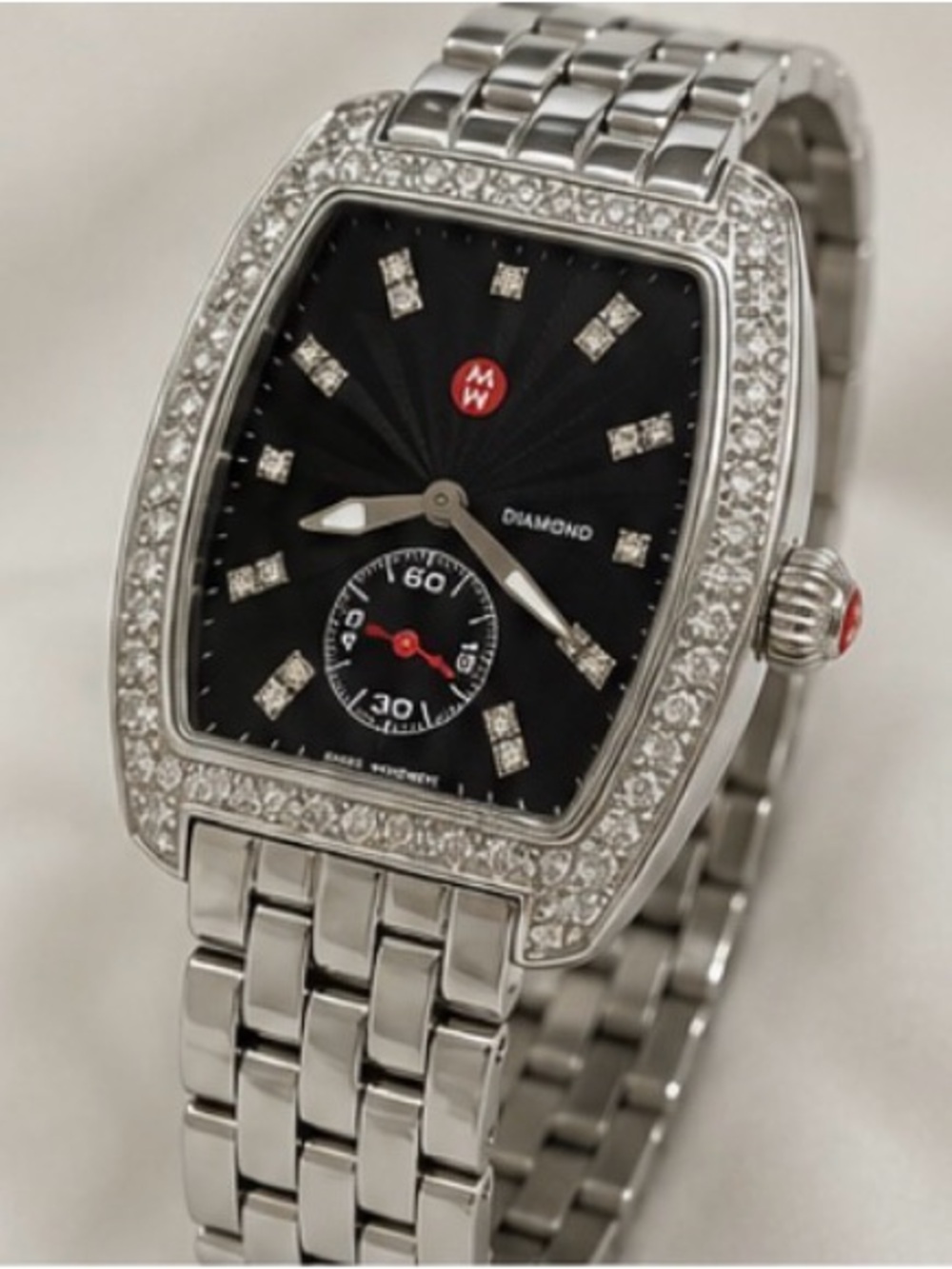 Michele Diamond-Set Stainless Steel Tonneau Watch — Black Dial - Picture 3 of 13